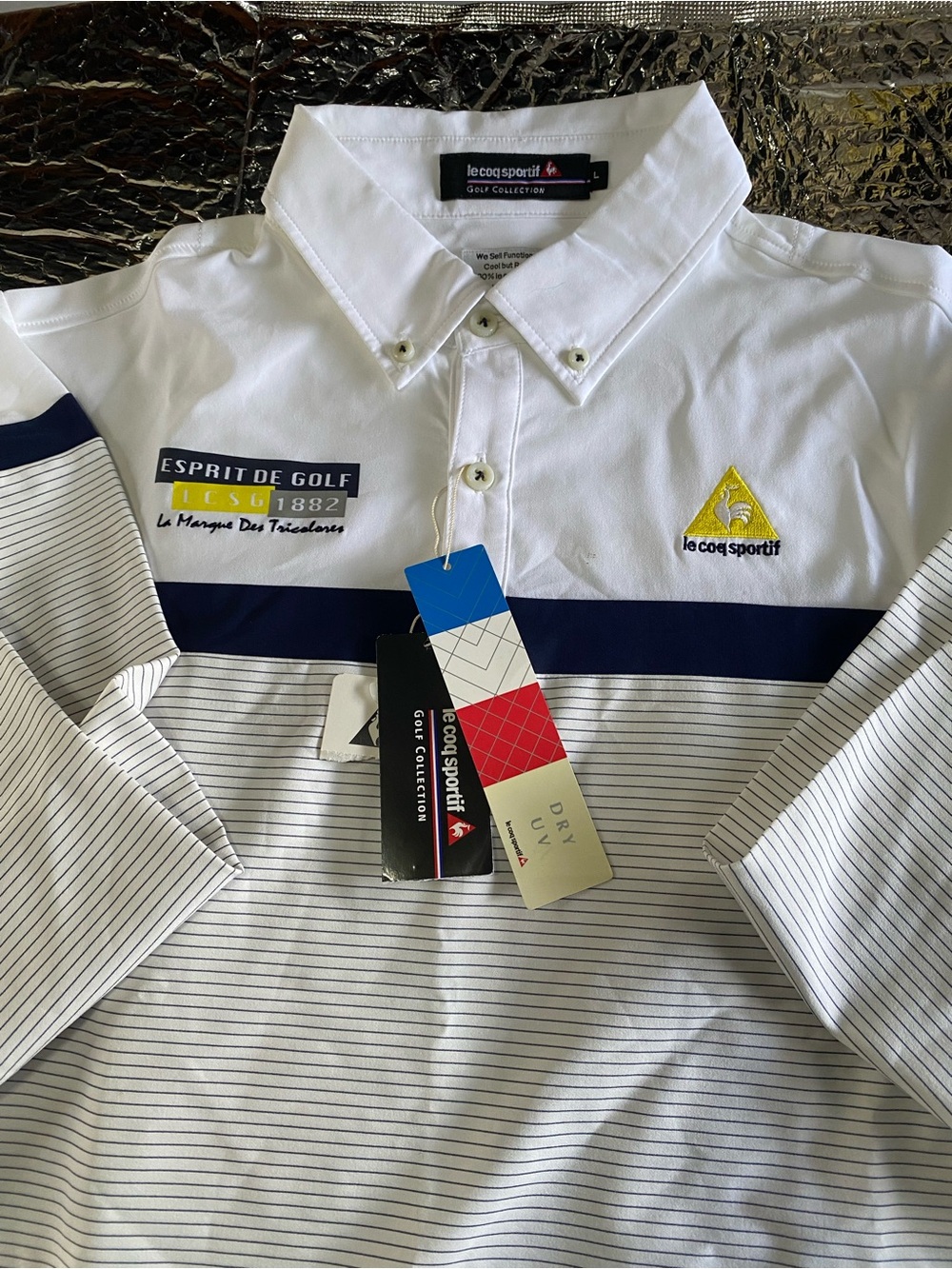 Le Coq Sportif White and Navy Striped Golf Polo
